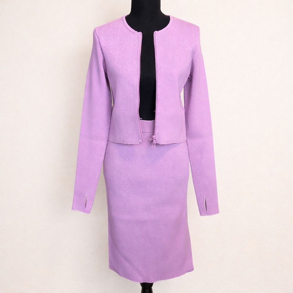 GSTQ Lilac Ribbed Knit Skirt Set Quiet Luxury NWT M/L